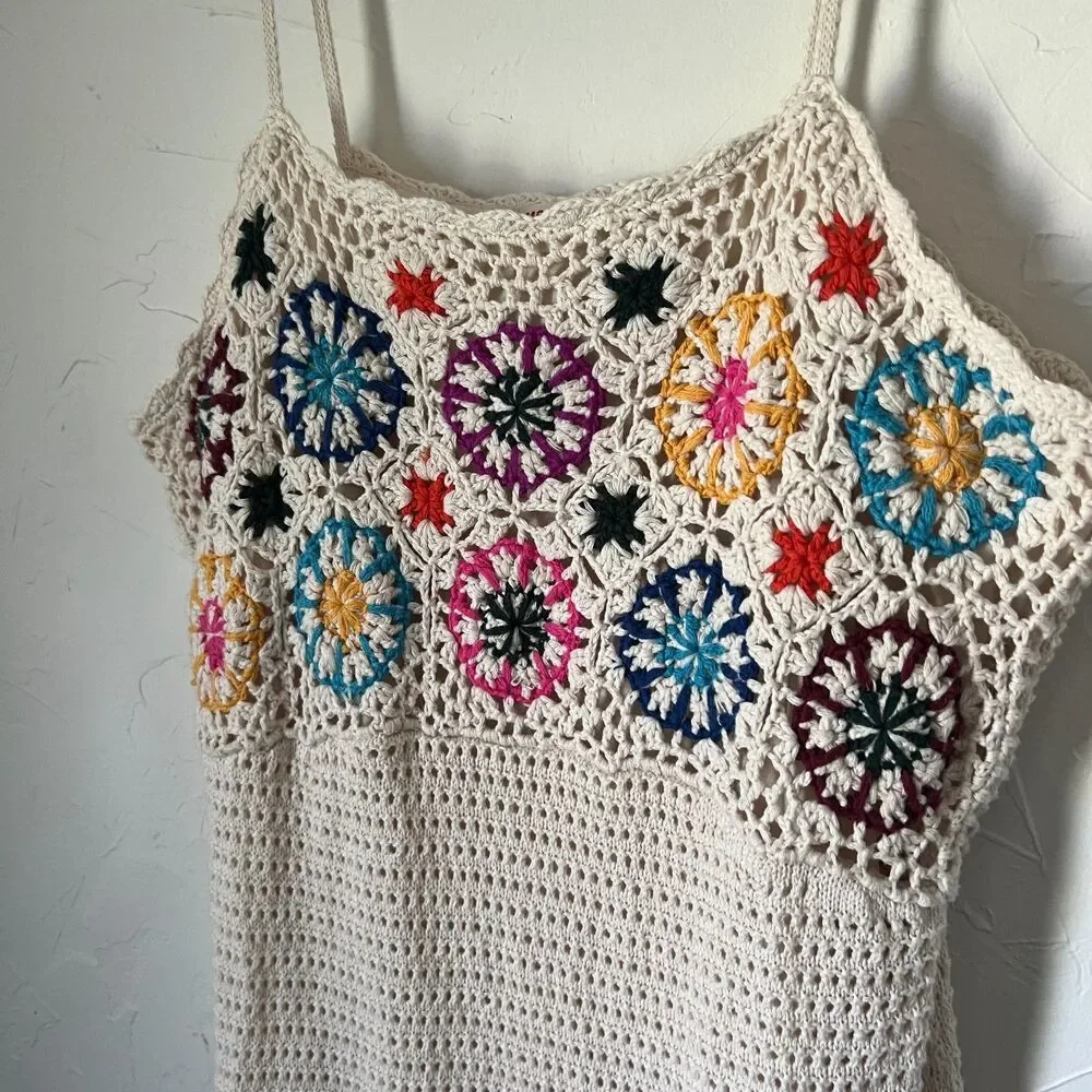 Cottagecore Mossimo Crochet Knit Midi Dress Boho Granny Square Festival Summer L